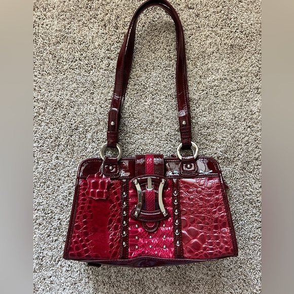 M.C. GENUINE LEATHER RED HANDBAG PURSE SHOULDER FAUX CROC SNAKE - Picture 2 of 12
